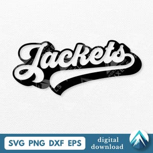 Może przedstawiać: Czarno-biały projekt graficzny z napisem "Jackets" w stylizowanej czcionce. Słowo jest obrysowane na czarno z białym wypełnieniem, na tle czarnego kształtu przypominającego chmurę. Obraz zawiera "SVG PNG DXF EPS" i "digital download".