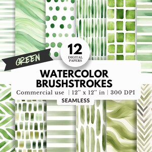 May include: Twelve digital papers featuring green watercolor brushstroke patterns. The patterns include stripes, dots, squares, and chevron designs. The papers are 12 inches by 12 inches and 300 DPI.