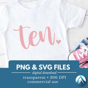 Zehn Geburtstagszahl, digitaler Download, PNG- und SVG-Datei, transparenter Hintergrund, süßes kleines Herz, rosa, kursive Schrift, 10