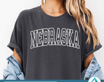 Nebraska with Outlined and Curved College Letters Digital Download, Svg Png Dxf Eps File, Transparent Clipart, Arched Varsity Font, NE State
