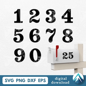 Peut inclure: Chiffres noirs de 1 à 9 et 0 dans différentes polices. Une boîte aux lettres blanche avec le numéro 25 est à droite. Le bas de l'image contient le texte "SVG PNG DXF EPS" et "téléchargement numérique".