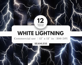 12 White Lightning Digital Papers, Seamless Pattern, 12x12, JPG Download, Black Background, Lightning Bolt and Strikes, For Sports Portrait