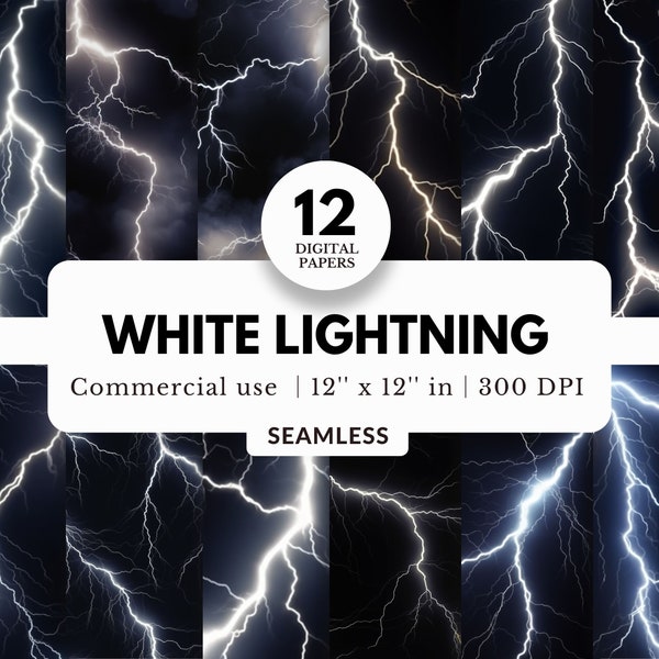 12 White Lightning Digital Papers, Seamless Pattern, 12x12, JPG Download, Black Background, Lightning Bolt and Strikes, For Sports Portrait