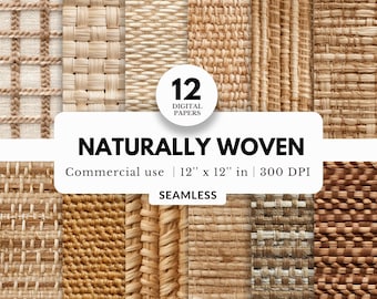 12 Naturally Woven Digital Papers, Seamless, 12x12, Realistic Weave Textures, Boho Neutral Tones, Tileable Pattern, For Dollhouse, Miniature