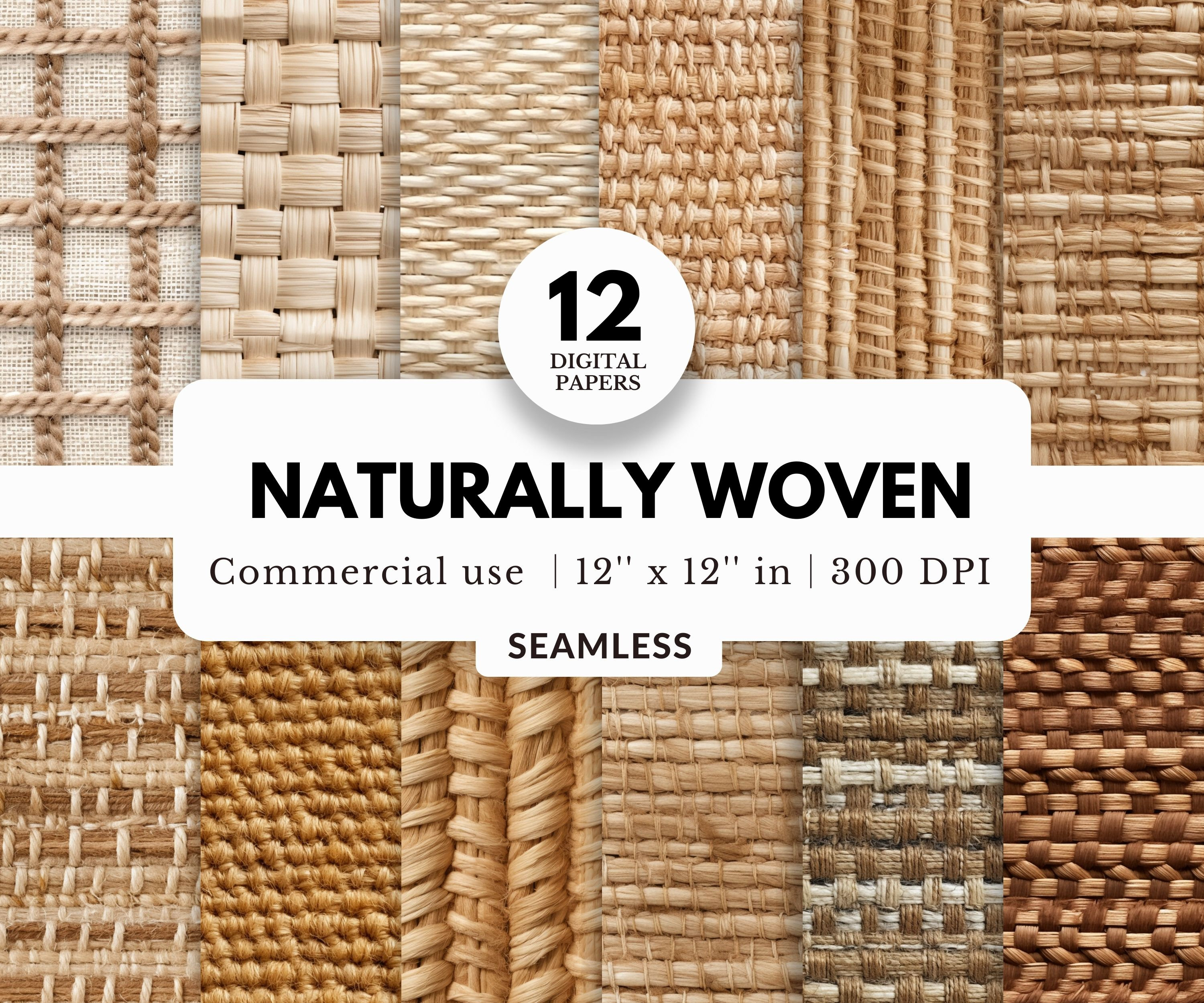12 Naturally Woven Digital Papers, Seamless, 12x12, Realistic Weave ...
