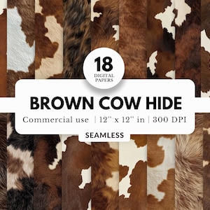 18 papéis digitais de pele de vaca marrom, padrões sem costura, 12x12, textura de pele de animal, fundo de estampa de vaca realista, cowboy rústico, tema ocidental