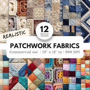 Könnte beinhalten: Zwölf digitale Papiere mit realistischen Patchwork-Stoffmustern. Die Designs umfassen verschiedene Farben, Muster und Texturen, wie z. B. Häkeln, Quilten und Stickerei. Die Papiere sind 30,48 cm x 30,48 cm groß und haben eine Auflösung von 300 DPI.