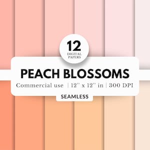 12 carte digitali Peach Blossoms, senza soluzione di continuità, 12x12, tavolozza di colori rosa chiaro e arancione pastello, colori solidi, fogli semplici, agende
