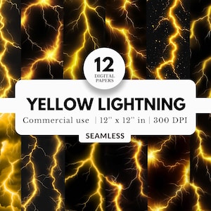 Puede incluir: Doce papeles digitales con un patrón sin costuras de rayos amarillos sobre un fondo negro. El texto "YELLOW LIGHTNING" se muestra en un rectángulo blanco en la parte superior de la imagen. El texto "Commercial use | 12" x 12" in | 300 DPI" se muestra en un rectángulo blanco debajo del texto "YELLOW LIGHTNING". El texto "SEAMLESS" se muestra en un rectángulo blanco debajo del texto "Commercial use | 12" x 12" in | 300 DPI".