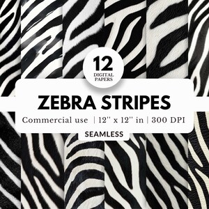 May include: Twelve digital papers featuring seamless zebra stripe patterns in black and white. The patterns are 12 inches by 12 inches and 300 DPI.