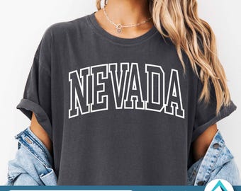 Nevada with Outlined and Curved College Letters Digital Download, Svg Png Dxf Eps File, Transparent Clipart, Arched Varsity Font, NV State