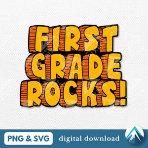 Download digital de First Grade Rocks, arquivos PNG e SVG, fonte Stone Age, estilo Caveman, camisetas para crianças, decalques, adesivos, professores da 1ª série