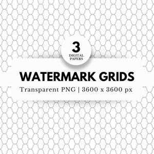 Könnte beinhalten: Ein Set mit 3 digitalen Papieren mit einem sich wiederholenden Muster aus wellenförmigen Linien, die ein Gitter bilden. Die Papiere sind 3600 x 3600 Pixel groß und transparente PNG-Dateien. Der Text "WATERMARK GRIDS" wird auf einem weißen Rechteck angezeigt.