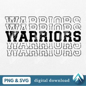 Könnte beinhalten: Schwarzweißes Grafikdesign mit dem Wort "WARRIORS" in fetten Blockbuchstaben. Das Wort wird mehrmals mit einem übereinanderliegenden Effekt wiederholt, wodurch ein gestapeltes Design entsteht.