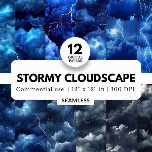 12 Stormy Cloudscape Digital Papers, Seamless Patterns, 12x12, JPG Download, Blue Lightning Bolts, Thunder Storm Clouds, For Sports Portrait