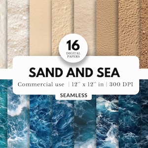 16 Digitale Papiere mit Sand und Meer Textur, Nahtlose Muster, 12x12, JPG Download, Tropische Strand Szene, Meerwasser, Sublimation Hintergründe