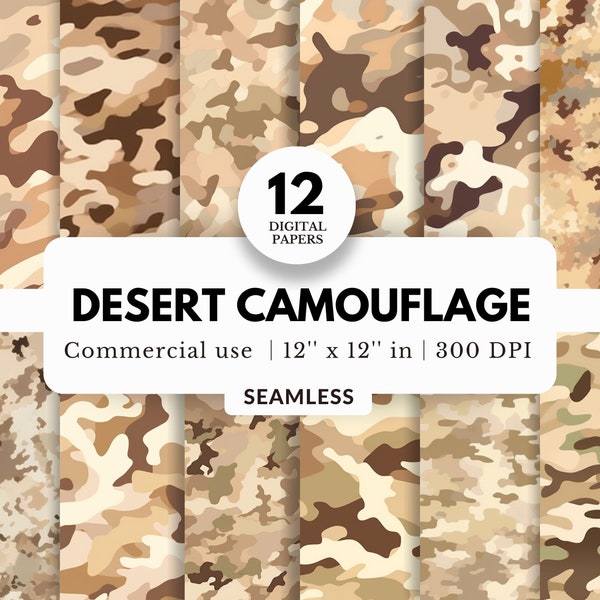 12 Paquete de papel digital de camuflaje del desierto, patrones sin costuras, 12x12, JPG, tema militar del ejército, para envolturas de vasos, telones de fondo, fondos de pantalla