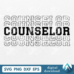 Download digital de conselheiro escolar, Svg PNG Dxf Eps, fundo transparente, fonte empilhada da College Varsity com fade, contorno de eco, para camisetas