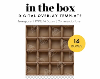 16 Empty Cardboard Box Digital Template, PNG, 4 by 4 Grid, Transparent Background, In the Box Photography for Class Photo, Student Groups