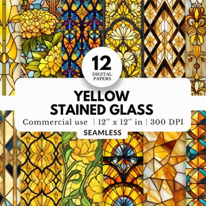12 Yellow Stained Glass Digital Papers, Repeating Pattern, JPG Downlaod, Cathedral Church Windows, Geometric and Flowers, Pretty Backdrops