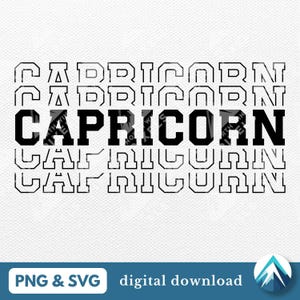 Digitale download Steenbok, PNG- en SVG-bestanden, transparante achtergrond, College Varsity-lettertype met overzicht, sterrenbeeld, horoscoop, astrologie