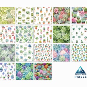18 Watercolor Succulents Digital Papers, Seamless Pattern, 12x12, JPG ...
