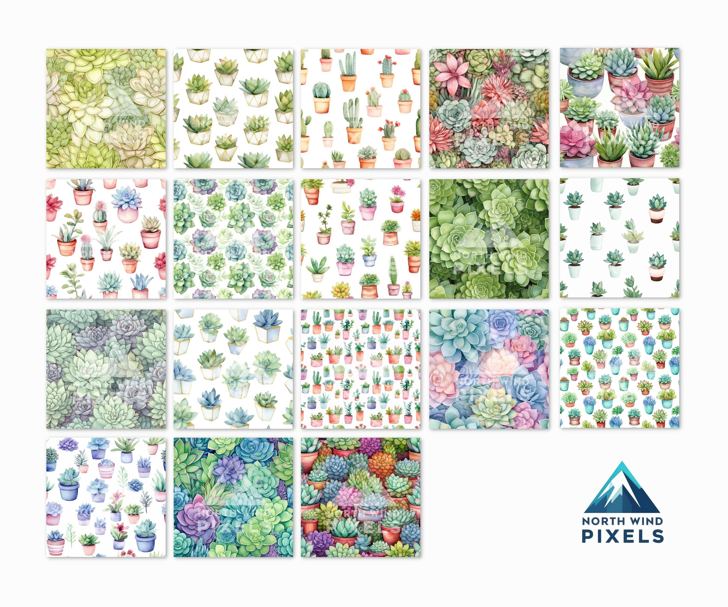 18 Watercolor Succulents Digital Papers, Seamless Pattern, 12x12, JPG ...