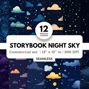 12 Märchenbuch Digitale Papiere, Nahtlose Muster, 12x12, illustriert mit Wolken, Sternen und einer Galaxie, Kinderzimmer, Celestial Sternennacht