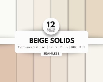 12 Beige Solids Digital Papers Bundle, Seamless, 12x12 JPG Download, Neutral Aesthetic Basics, Plain Background, Gradient Color Palette