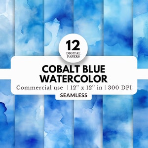 12 bundle di carta digitale per acquerelli blu cobalto, motivi senza soluzione di continuità, 12x12, download JPG, sognante e romantico, minimalista, sfondo pastello