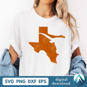 May include: White t-shirt featuring a burnt orange outline of the state of Texas. The shirt has the text "SVG PNG DXF EPS digital download" at the bottom. The shirt is a digital download.
