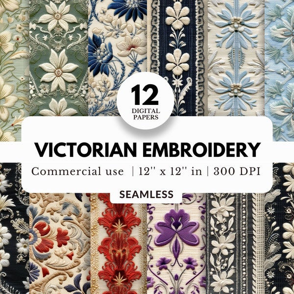 12 Victorian Embroidery Digital Papers, Seamless Pattern, 12x12, JPG, Hand Stitched, Intricate Lace, Antique Renaissance, Backgrounds