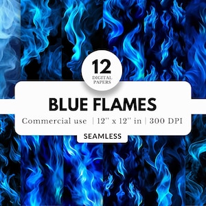 12 Blue Flames Digital Papers, Seamless Patterns, 12x12, JPG Download, Realistic Blue Fire and Smoke, Black Background, For Sports Portraits