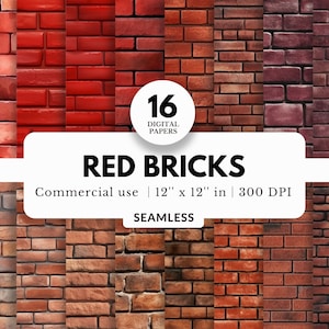 May include: 16 digital papers featuring seamless red brick textures. Each paper is 12 inches by 12 inches and 300 DPI.