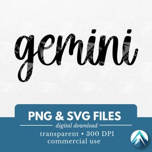 Op de afbeelding: Zwart-witte digitale download van het woord "gemini" in een cursief lettertype. De tekst staat op een witte achtergrond. PNG- en SVG-bestanden zijn inbegrepen. 300 DPI. Commerciële gebruik.