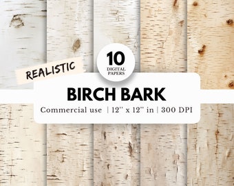 10 Birch Bark Texture Digital Papers, 12x12, JPG Files Download, Realistic Birch Tree, White and Beige, Rustic Wedding, Sublimation, Crafts