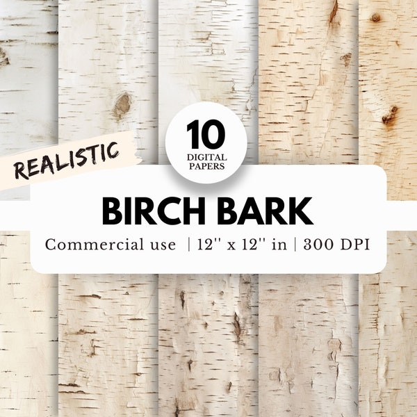 10 Birch Bark Texture Digital Papers, 12x12, JPG Files Download, Realistic Birch Tree, White and Beige, Rustic Wedding, Sublimation, Crafts