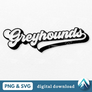 Może przedstawiać: Czarno-biały projekt graficzny słowa "Greyhounds" w retro, vintage stylu czcionki. Słowo jest wygięte i ma czarno-biały pasek w stylu baseballowym pod spodem.