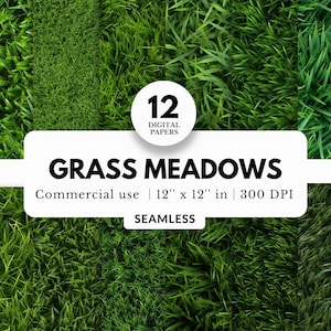 12 Gras Wiesen Digitale Papiere, Nahtlos, 12x12, JPG Dateien zum Download, Realistische Graswände, Kommerzielle Nutzung, Für Gelände, Karten, Mockups