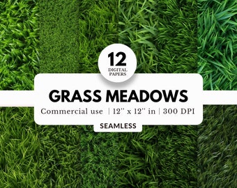 12 Grass Meadows Digital Papers, Seamless, 12x12, JPG Files for Download, Realistic Grass Walls, Commercial Use, For Terrain, Cards, Mockups