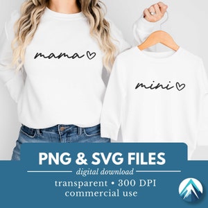 Paquete de descarga digital de mamá y mini, archivos PNG y SVG, fondo transparente, lindo corazón pequeño, escritura cursiva, gráficos vectoriales
