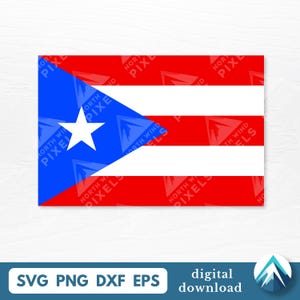 Puede incluir: Un gráfico rectangular de la bandera de Puerto Rico, con un triángulo azul y una estrella blanca, y rayas horizontales rojas y blancas alternas. La parte inferior de la imagen incluye el texto "SVG PNG DXF EPS" y "digital download".