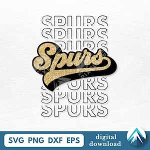 May include: A digital graphic design featuring the word Spurs in a gold glitter texture with a black shadow outline. The word is layered over a repeating vertical pattern of the word Spurs in a simple black outlined font on a white background.