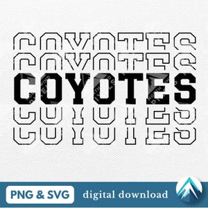Puede incluir: Diseño gráfico en blanco y negro con la palabra "COYOTES" en letras negritas y en bloque. La palabra se repite varias veces en un patrón apilado, con la palabra "VOTE" repetida arriba y abajo de la palabra "COYOTES".