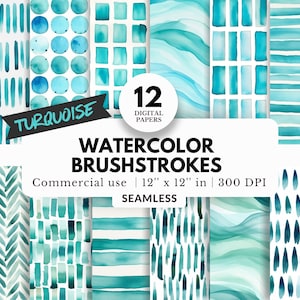 May include: Twelve digital paper patterns in turquoise watercolour brushstrokes. The patterns include stripes, dots, squares, and abstract designs. Each pattern is 12 inches by 12 inches and 300 DPI.
