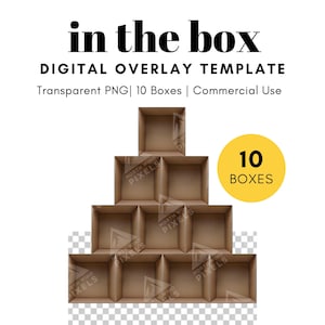May include: A digital overlay template featuring 10 brown cardboard boxes stacked in a pyramid shape. The boxes are arranged in a staggered pattern, with the top box being the smallest and the bottom boxes being the largest. The boxes are all open, revealing the inside. The image is on a transparent background.