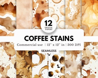 12 Coffee Stains Digital Papers, Seamless Patterns, 12x12, JPG Download, Realistic Spilled Coffee, Messy Backgrounds, Wallpaper, Sublimation