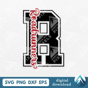 Può includere: Una lettera B in bianco e nero con la parola "Roadrunners" in corsivo rosso. La lettera ha un contorno bianco e un interno nero con un design strutturato. La parte inferiore dell'immagine contiene il testo "SVG PNG DXF EPS" e "download digitale".