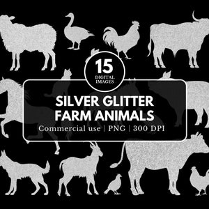 15 Silver Glitter Farm Animal Clip Art, PNG File for Digital Download, Transparent Background Image, 4H Livestock Show Award, Label Design