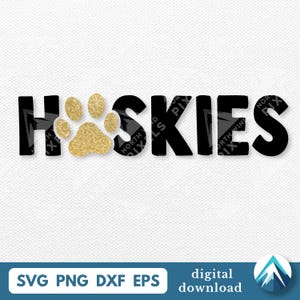 Huskies avec empreinte de patte en téléchargement numérique, Svg Png Dxf Eps, transparent, gros caractères gras, pour la ligue des équipes sportives de l'école, T-shirt, transferts